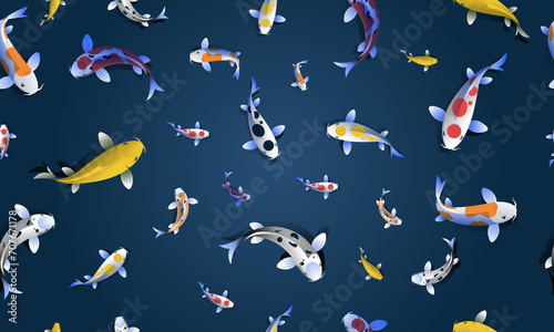 Seamless pattern koi fish on deep blue background.