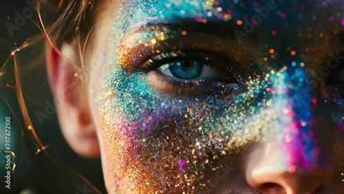 Closeup of a womans face, her skin glowing with a soft, rainbowcolored iridescence, as if she is enveloped in a mist of shimmering particles. photo