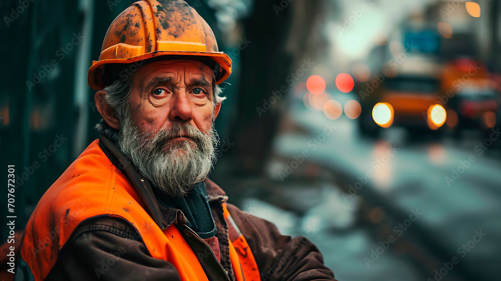 portrait of a road worker on a city street portrait of a road worker on a city street