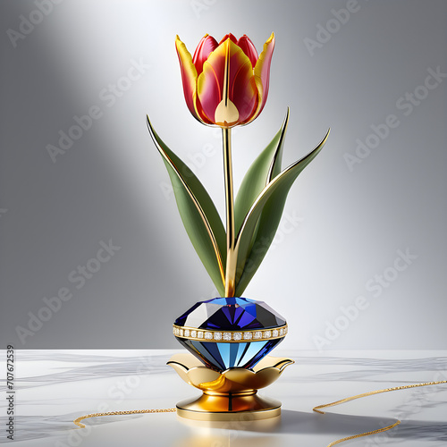 AI prompt: Elegant tulip jewelry on a golden base, high-res graphics, with gemstone accents.(Generative AI)