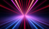 Neon futuristic flashes on black background. Motion light lines backdrop. Multicolored hyperspace tunnel for banners, postcards, illustrations.