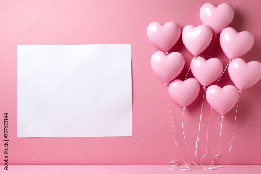 Balloons with pink hearts and blank paper. Generative Ai.