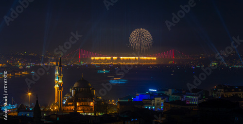 Night Istanbul view, Bosphorus Bridge (15 July Martyrs Bridge), Eminönü district sea view and new mosque photo