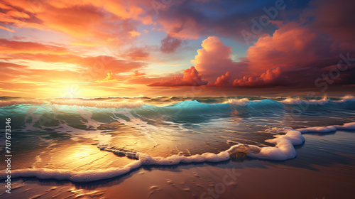 A painting of a sunset over the ocean with waves
