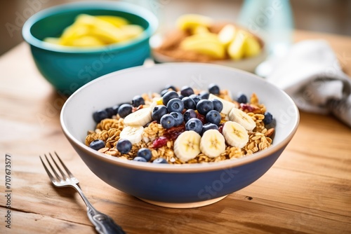 granola bowl topped with fresh blueberries and sliced bananas