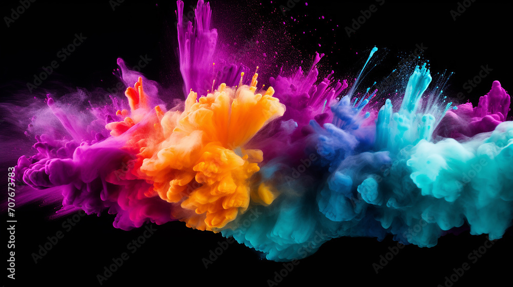 black background with freeze motion of colored powder explosions