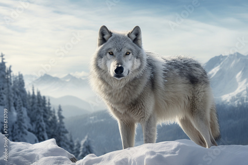 region wolf canis lupus on top of the mountain in winter