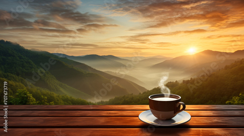 A cup of morning coffee with steam on a wooden table