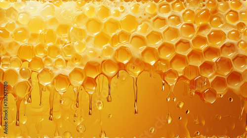 Honeycomb texture background with dripping tasty honey photo