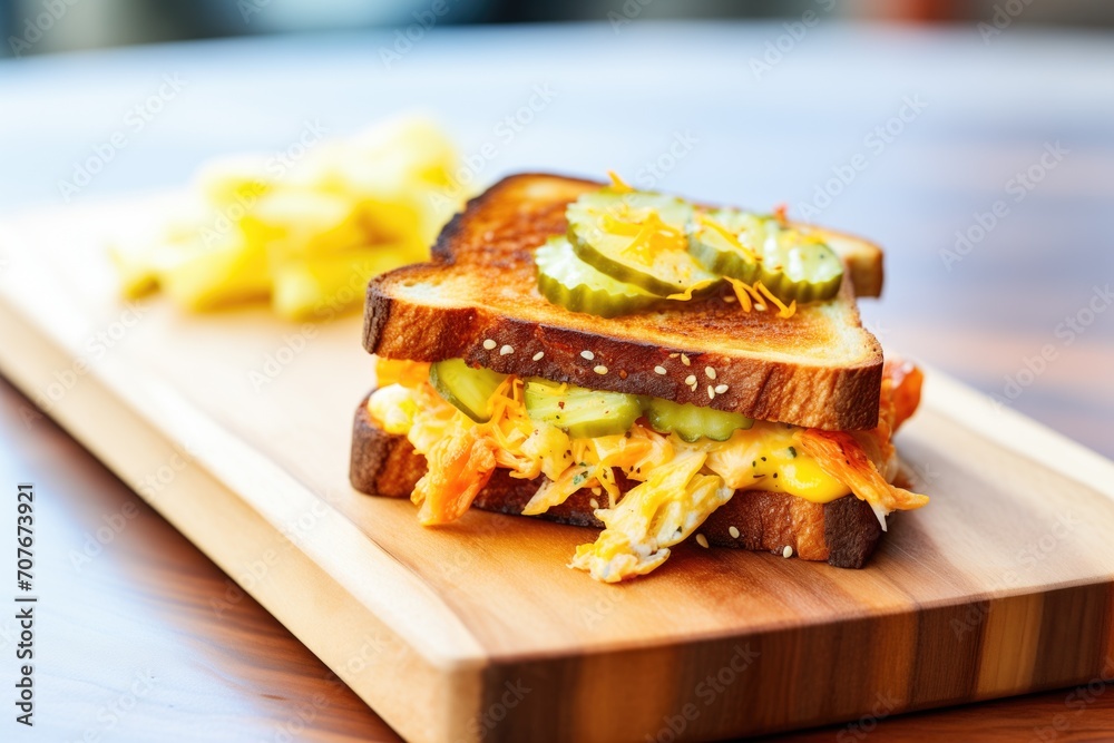 grilled cheese with pickles on a wooden board grilled cheese with pickles on a wooden board