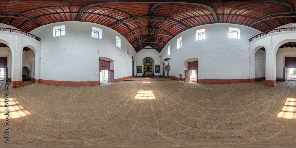 full spherical hdri 360 panorama inside empty abandoned of portugese church in old goa india, unesco monument in equirectangular projection, VR AR virtual reality content - obrazy, fototapety, plakaty 