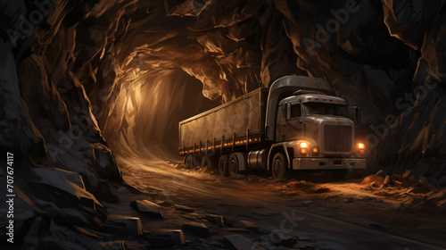 A truck drives through the road in a cave photo