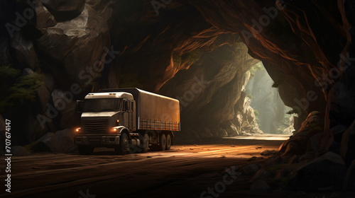 A truck drives through the road in a cave