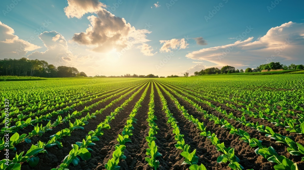 Sunlit Green Farm Field Rows at Sunset