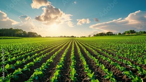 Sunlit Green Farm Field Rows at Sunset