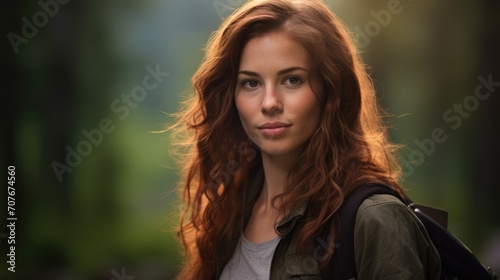Portrait of woman carrying a backpack. Blurred forest background