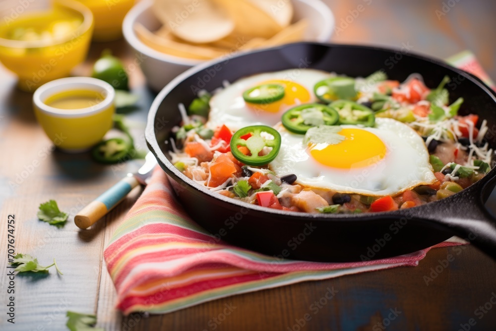 huevos rancheros served in a cast iron skillet, kitchen background