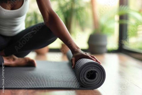 Close-up of a woman folding a blue yoga or fitness mat after a workout. Healthy lifestyle.
