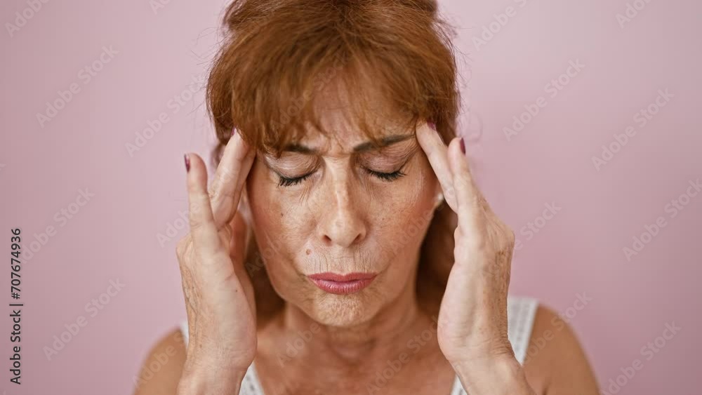 Stressed middle age woman suffering migraine pain, hand to head, standing isolated over pink background, wearing dress, sad expression Stressed middle age woman suffering migraine pain, hand to head, standing isolated over pink background, wearing dress, sad expression