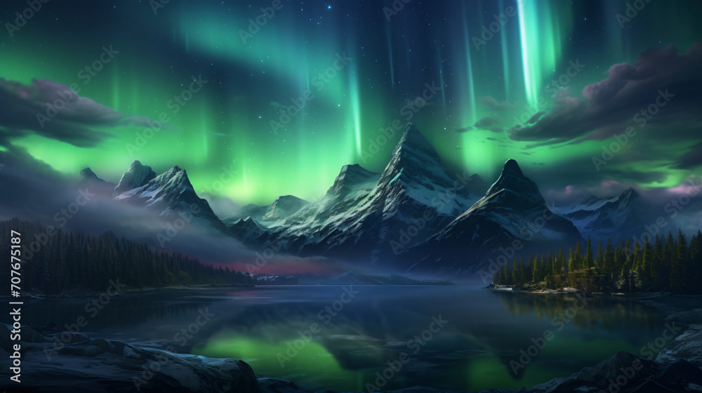 Aurora borealis in the mountains