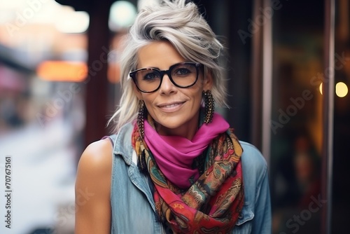 Portrait of a beautiful woman wearing glasses and scarf in a shopping center