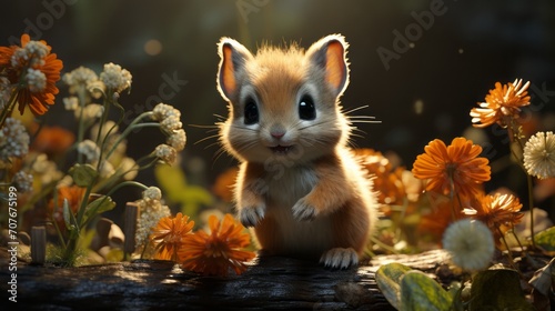 Cinematic scene of a baby squirrel with a fluffy big tail, © piumi