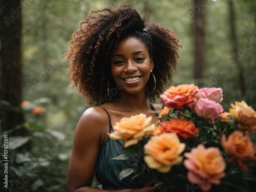 portrait of happy african american women with flower bouquet. Generative AI