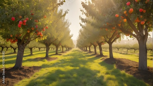 autumn landscape with trees A well kept orchard with rows of fruit laden trees in the soft morning light