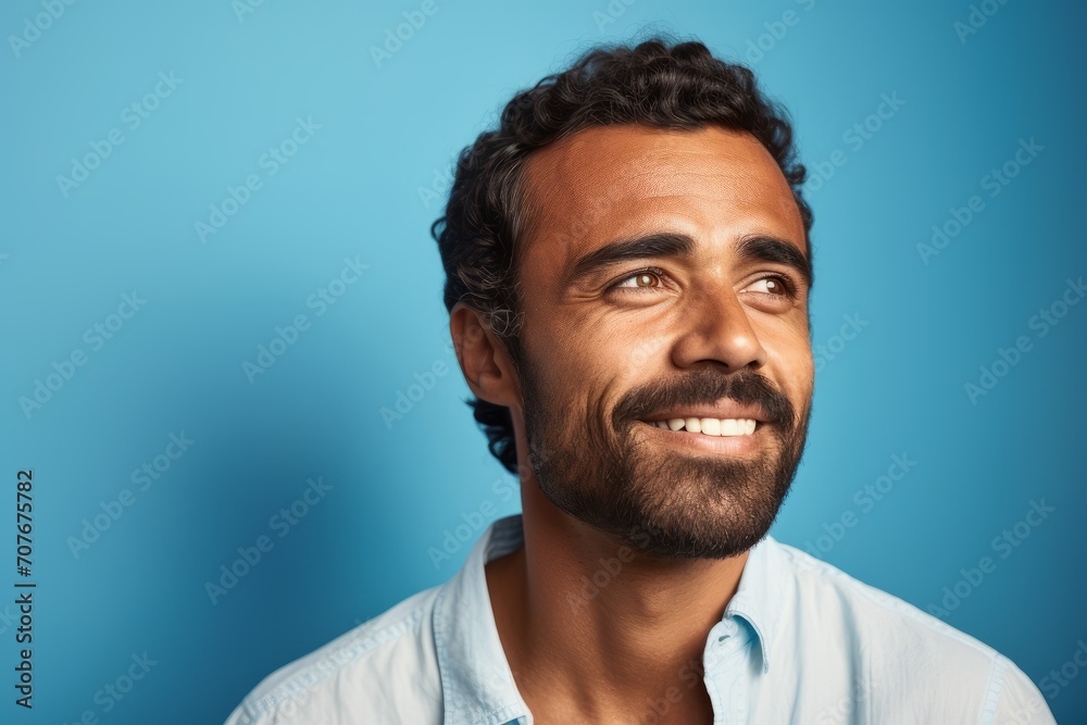 Closeup portrait of a handsome man with beard and mustache smiling at the camera over blue background Closeup portrait of a handsome man with beard and mustache smiling at the camera over blue background