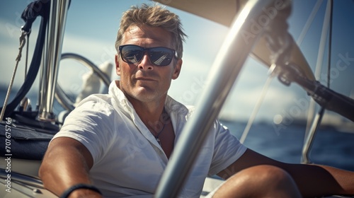 Yacht skipper on sunny day, portrait on blurred background © brillianata