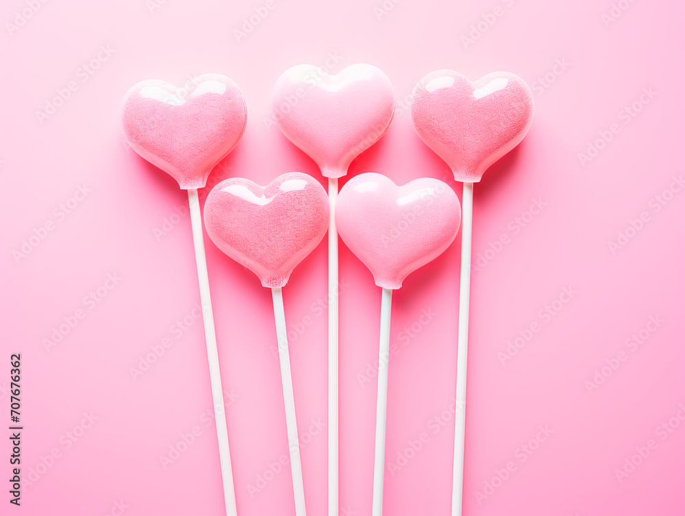Five heart shaped candies on pastel pink background. Valentines day sweet lollipop