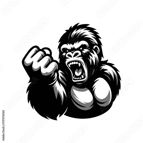 Vector logo of a raging gorilla doing a fist punch. Professional logo of a mad kong. Black and white logo of an ape isolated on a white background.