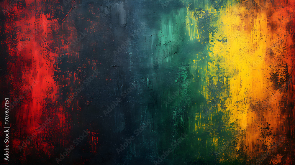 An abstract grunge textured canvas in red, yellow, and green paint, symbolizing the celebration and empowerment of Black History Month and African American culture.
