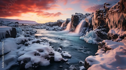 At sunset in front of an impressive waterfall that rushes down from high rock faces.