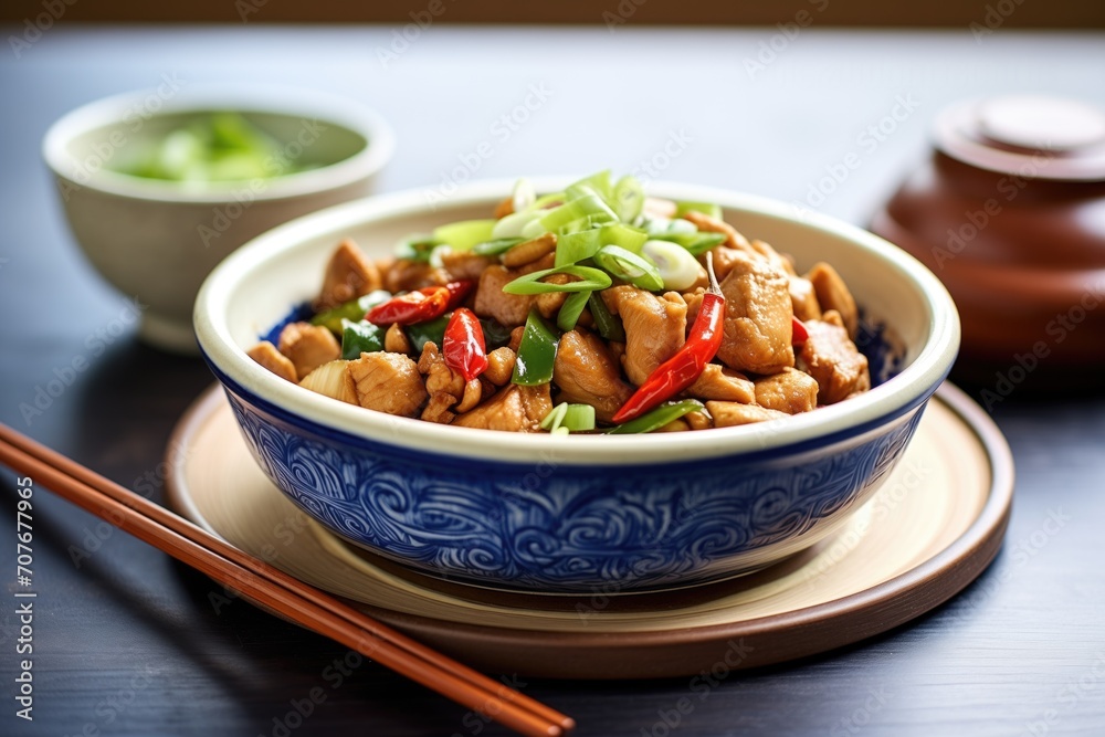 freshly cooked kung pao chicken in a ceramic bowl freshly cooked kung pao chicken in a ceramic bowl
