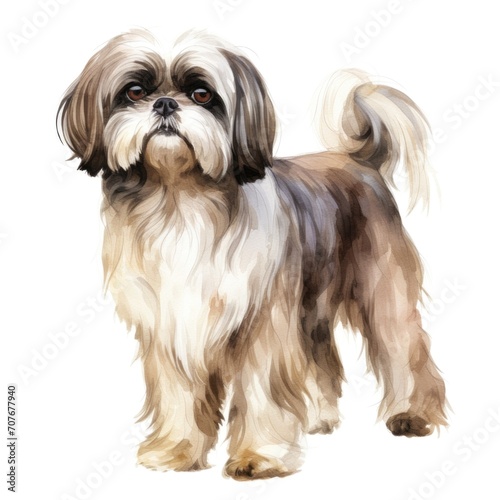 Shih Tzu dog breed watercolor illustration. Cute pet drawing isolated on white background.