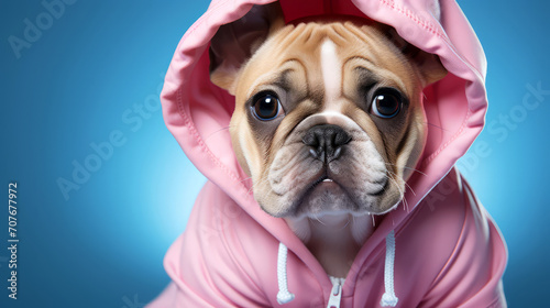 Cute puppy in hood on blue dark background. © suwandee