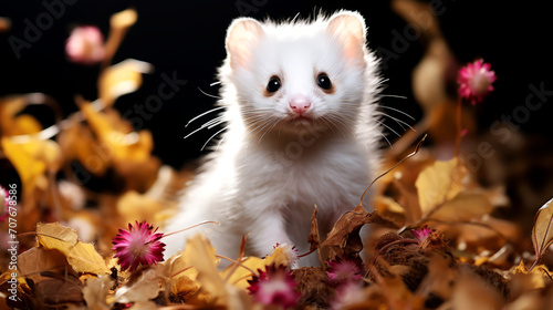 White mouse in autumn leaves on a black background. Portrait.