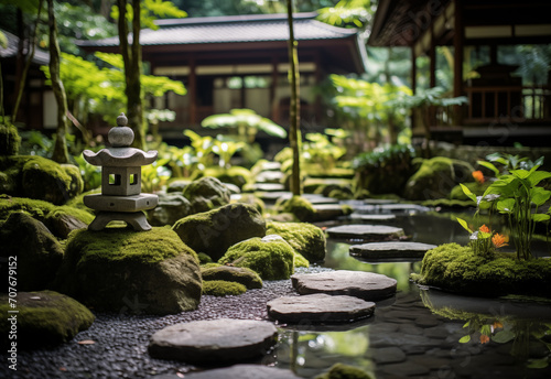 Zen garden, Pathways to Zen: A Peaceful Journey Through the Rock-Lined Nature Oasis, Generative AI