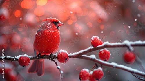 A vibrant cardinal contrasts with snowy berries in a serene winter scene