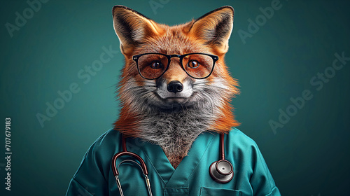 A smart fox character in medical scrubs and glasses poses with a stethoscope.