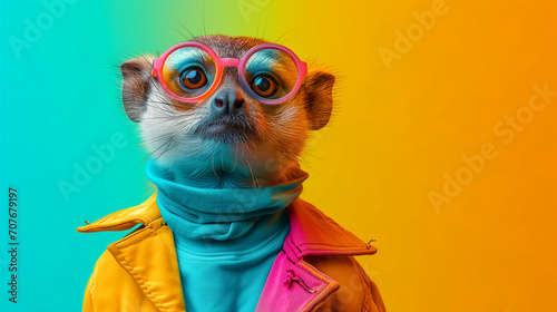 A meerkat dressed in bright colors, posing with oversized glasses photo