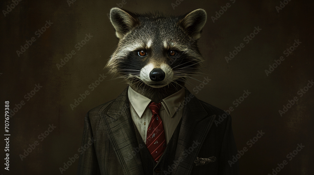 A raccoon exudes sophistication in a business suit, poised for corporate success.