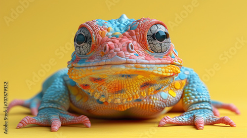A vividly colored frog with striking blue eyes sits poised on a yellow surface.