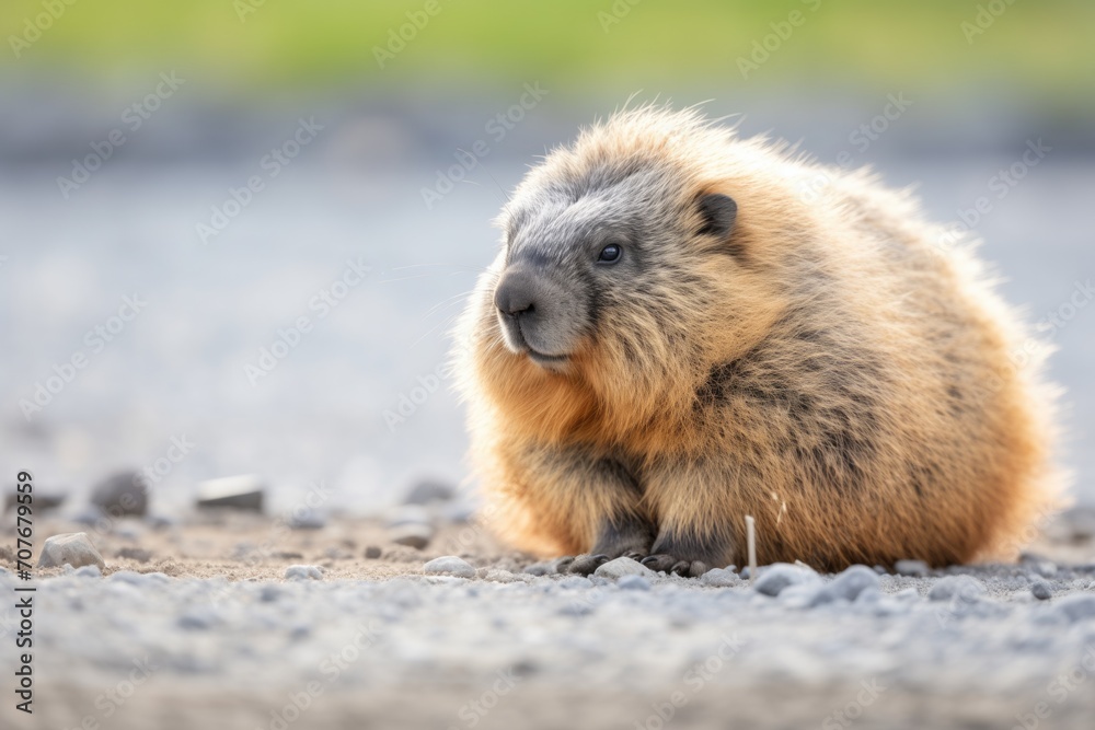 Naklejka premium marmot with bushy tail on sun-heated gravel