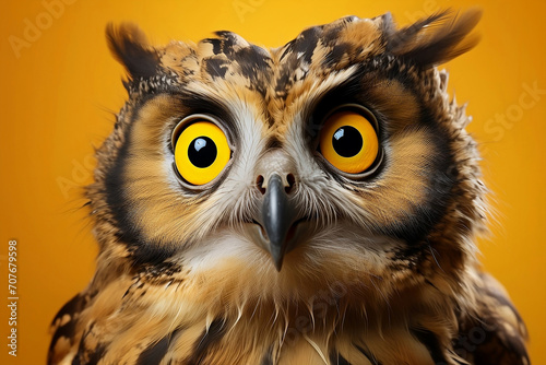 Portrait of an owl on a yellow background