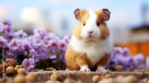 Cute guinea pig and flowers on blurred background.
