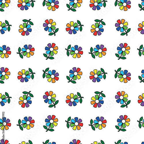 Vector seamless pattern flower icon with multicolored rainbow lipsticks. For children. Learn the colors red, orange, yellow, green, light blue, blue, purple, 