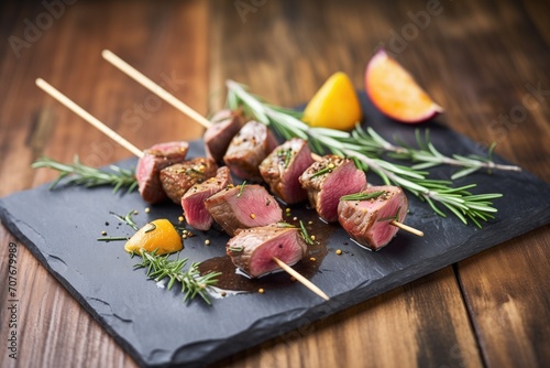 venison skewers with rosemary on a slate board photo