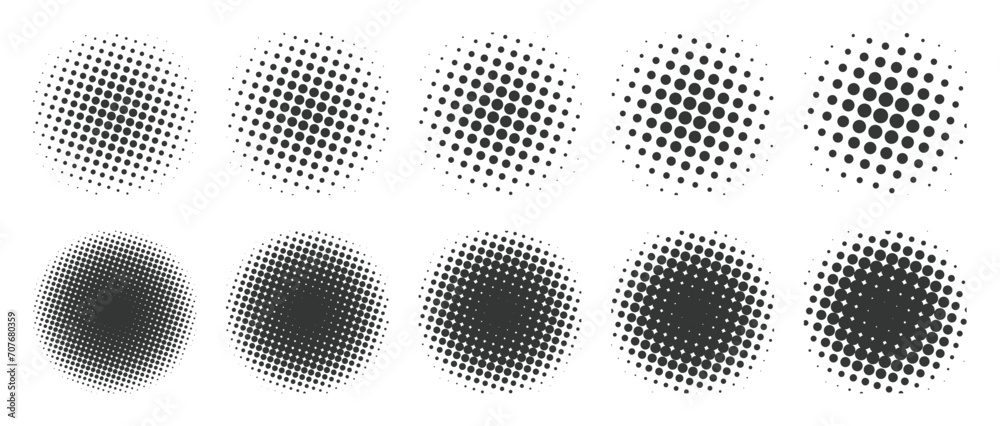 Circle black halftone vector design elements in white background set